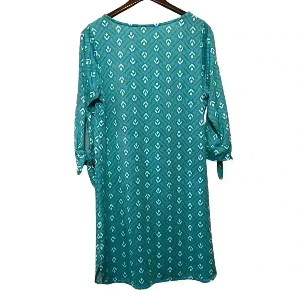 Escapada Living Shift Dress Geometric Aqua Tie Tab Sleeves Women’s Sz S - Picture 2 of 7